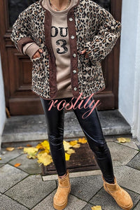 Warm Feel Colorblock Leopard Print Plush Button Up Pocketed Teddy Jacket