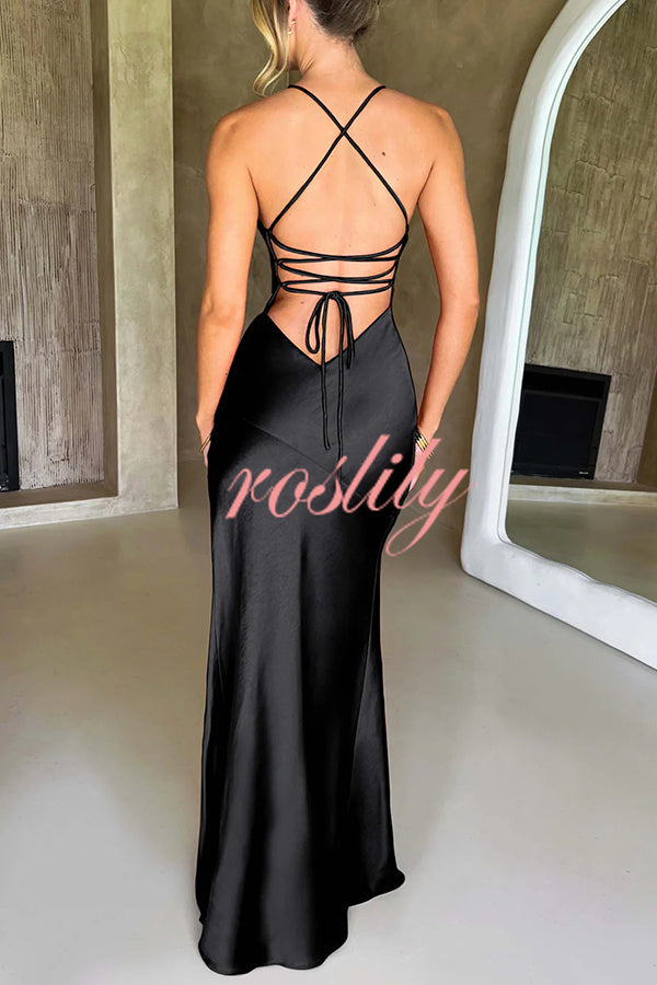 Satin Solid Color Sexy Backless Lace Up High Slit Maxi Dress