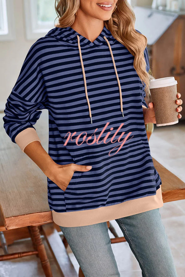 Striped Print Long Sleeve Pocket Loose Hoodie