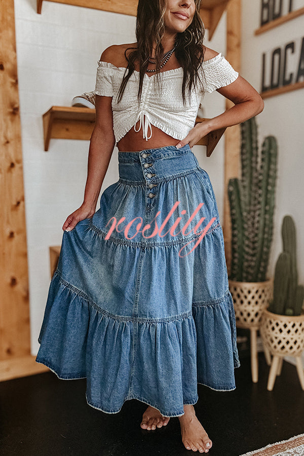 Bohemian High Rise Button Up Loose Denim Pocket Maxi Skirt