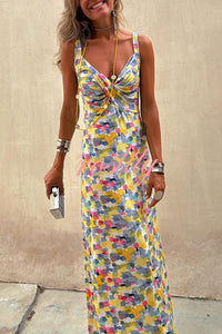 Flora Watercolor Print Crossover Neck Wide Straps Stretch Maxi Dress