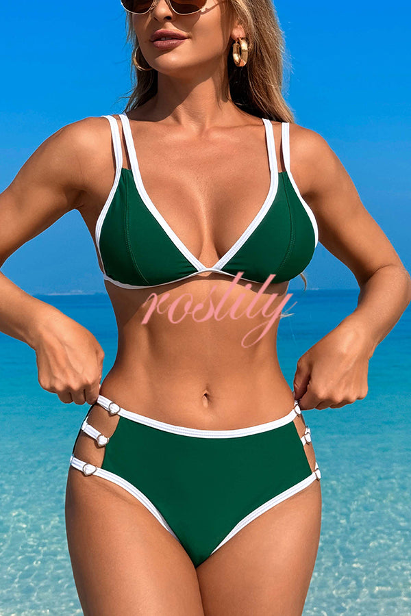 Contrast Color Lace-up Stretch Two-piece Bikini Swimsuit