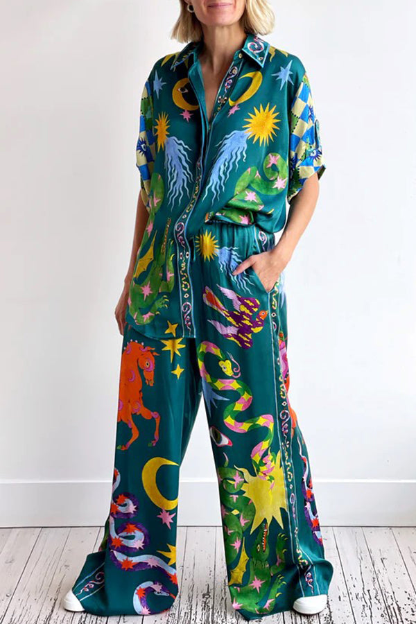 Pierson Linen Blend Unique Print Elastic Waist Pocketed Wide Leg Pants