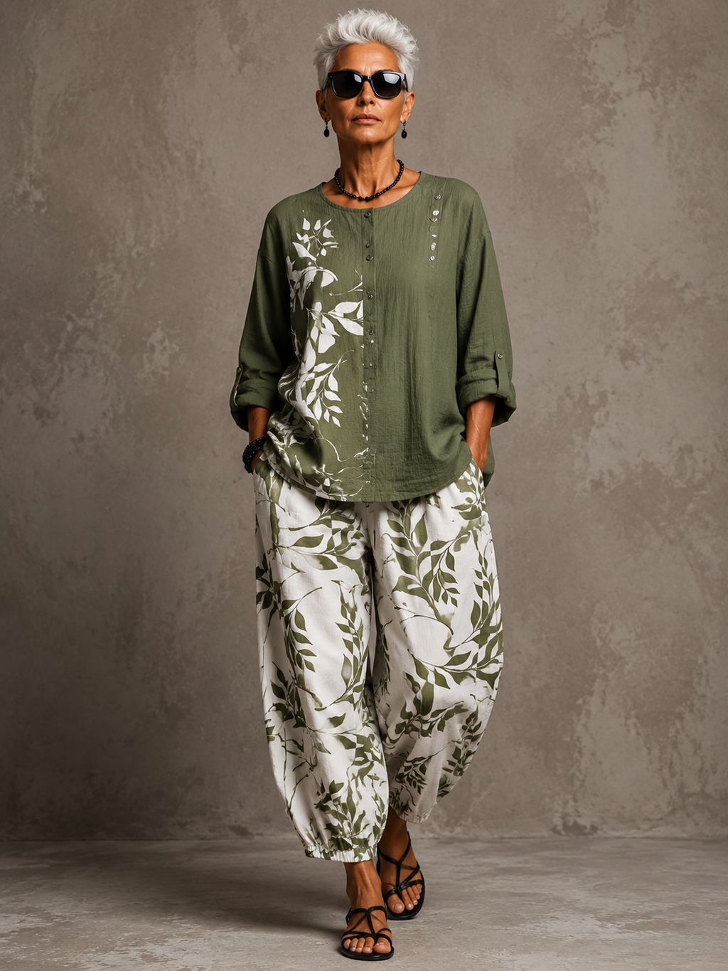 Leaf-Print Cotton Linen Two-Piece Set