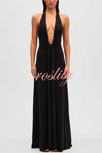 Sexy Silhouette Deep U-neck Halter Waterfall Sash Drape Maxi Dress