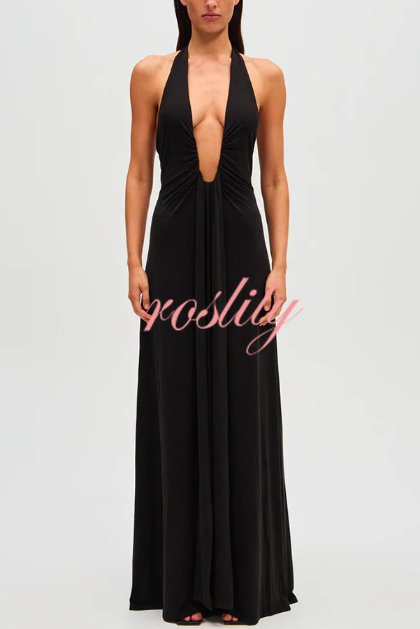 Sexy Silhouette Deep U-neck Halter Waterfall Sash Drape Maxi Dress