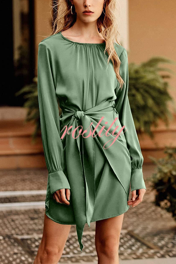 Satin Round Neck Long Sleeve Elastic Tie Mini Dress