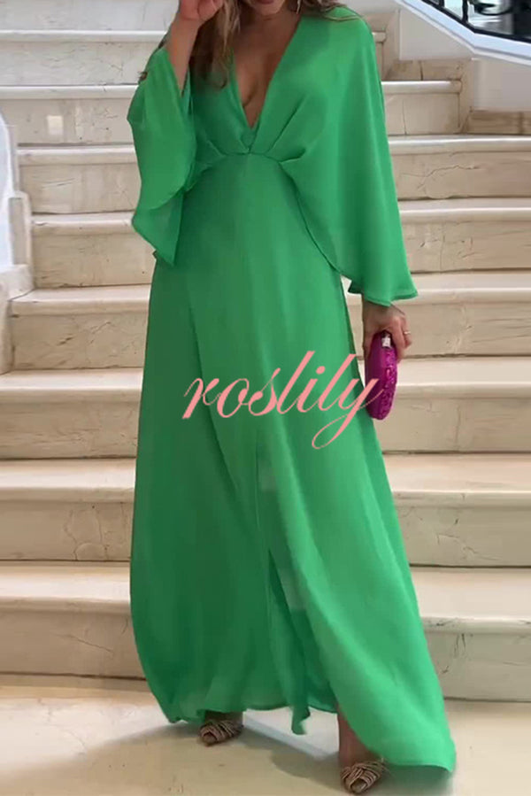 Solid Color V Neck High Waist Slit Casual Maxi Dress