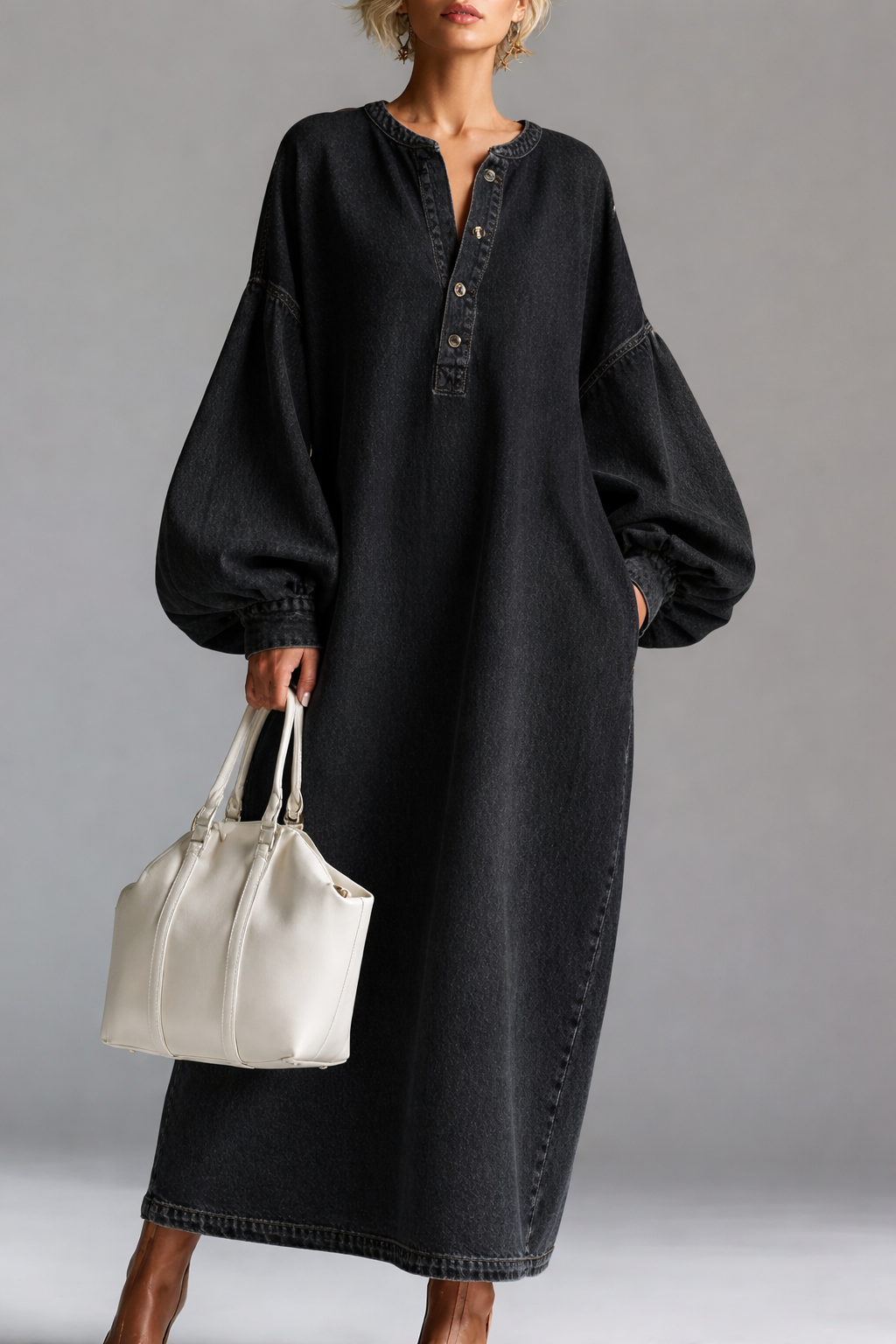 Denim Balloon Sleeve Maxi Dress