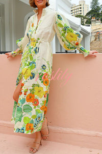 Summer Party Floral Print Balloon Sleeve Pocketed Belt Shirt Midi Dress