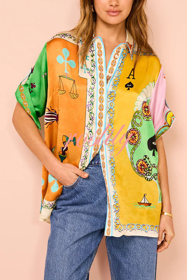 Funny Poker Summer Satin Unique Print Button Down Oversized Blouse