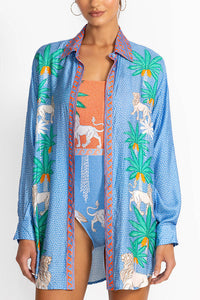 Sunday Breeze Satin Unique Print Button Down Oversized Blouse