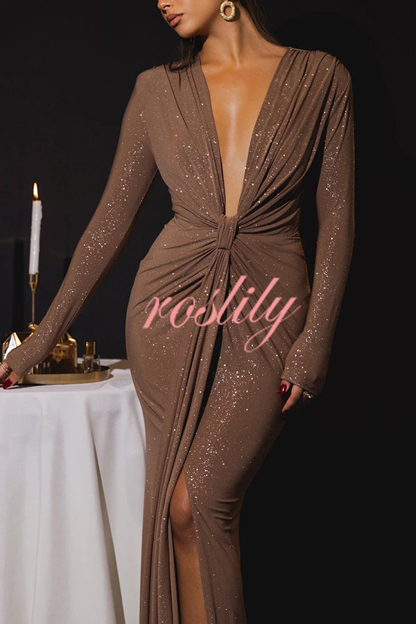 Solid Color Shiny Sexy V-neck Long Sleeve Ribbon Slit Slim Fit Maxi Dress