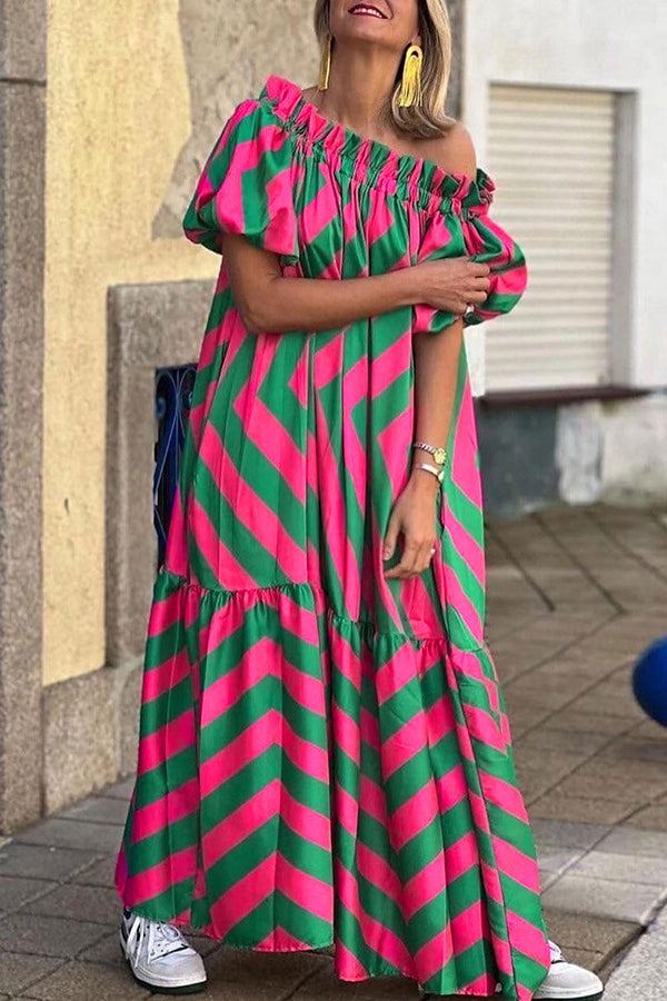 Exquisite Striped Patchwork Bell Sleeve Pocket Maxi Dress