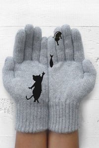 Printed Knitted Gloves Short Thickened Warm Finger Gloves-Cat