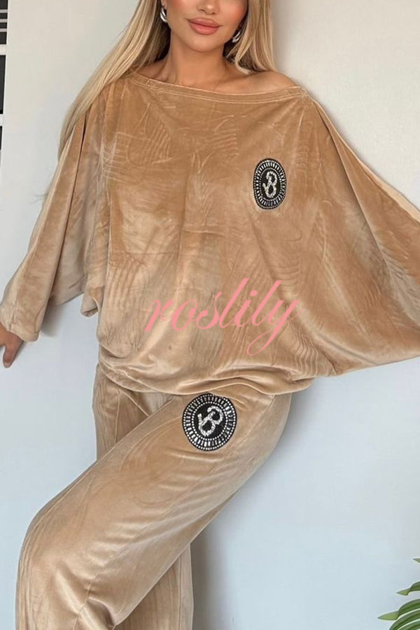 Solid Color Velvet Round Neck Bat Sleeve Casual Top and Elastic Waist Loose Pocket Pants Set