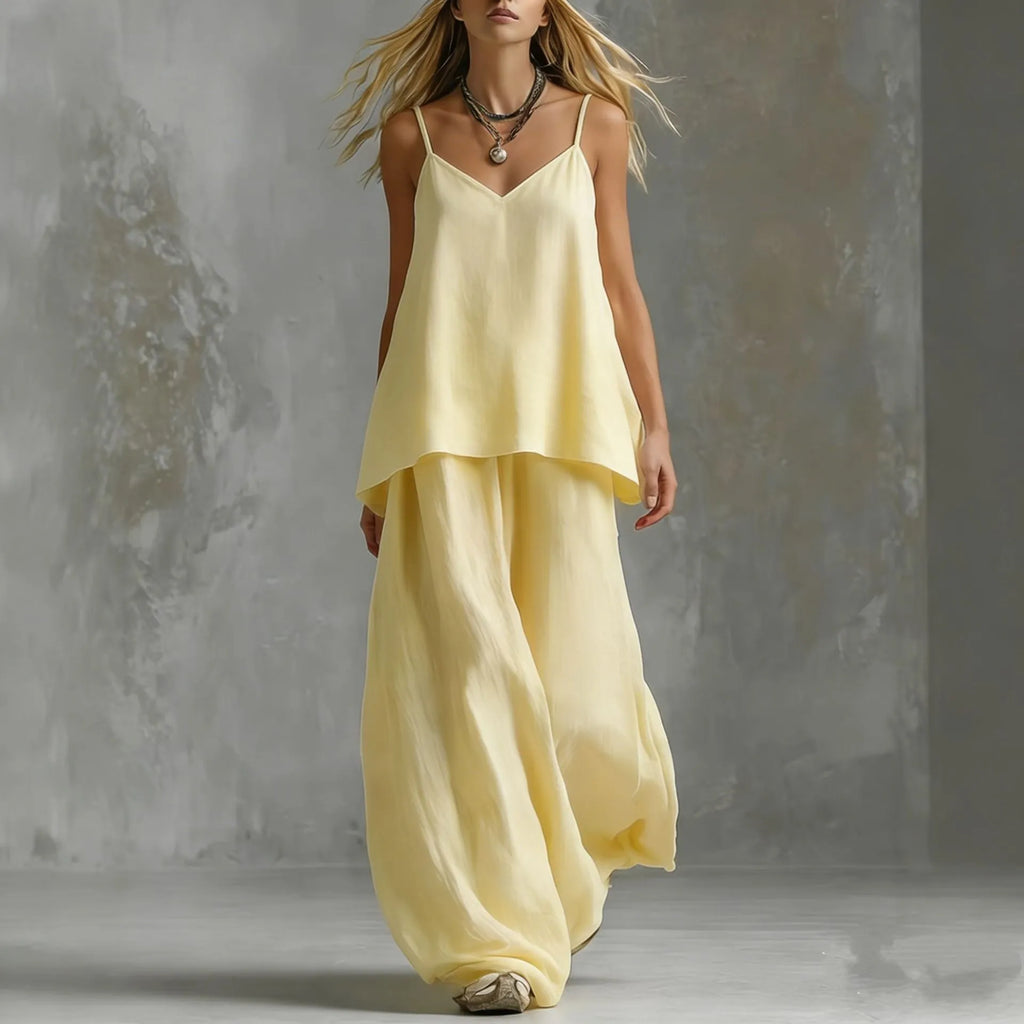 Linen Cami Two-Piece Set - V-Neck Top & Palazzo Pants