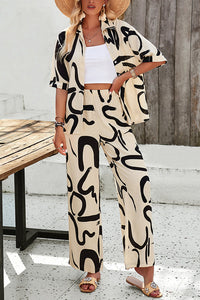 Irregular Printed Button Pocket Long Sleeved Shirt and Elastic Waist Pants Set