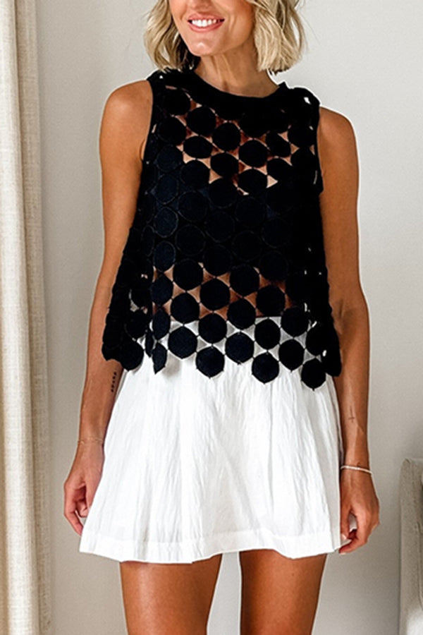 Casie See Through Circle Embroidery Round Neck Sleeveless Tank