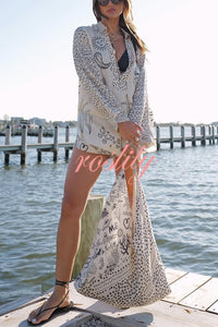 Live By Water Satin Unique Print Tassle Shirt and Elastic Waist Shorts Set