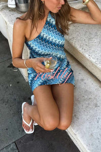 Darla Knit Wave Unique Print One Shoulder Top and Stretch Mini Skirt Set