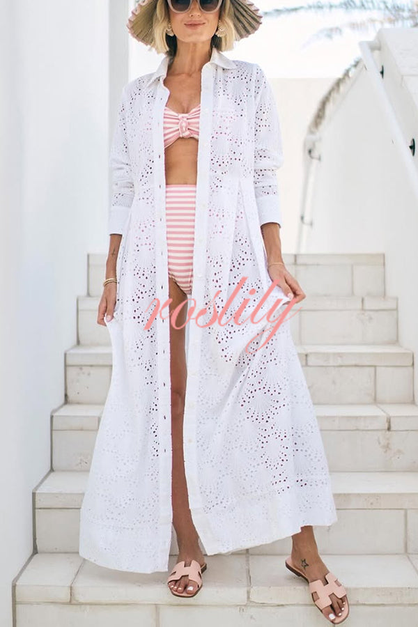 Summer Elegance Lace Eyelet Button Up Long Sleeve Shirt Maxi Dress