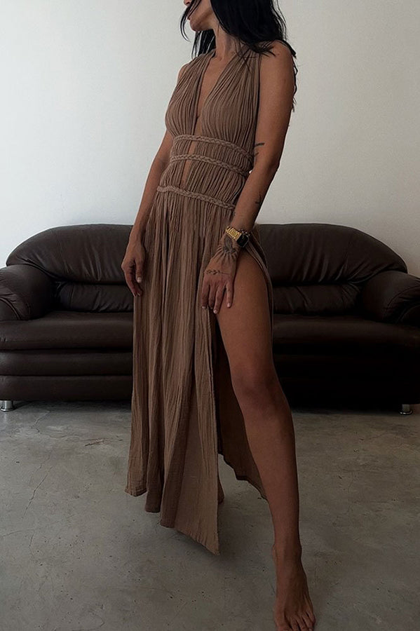 Boho with Elegance Linen Blend Braids Belt Cutout Slit Kaftan Maxi Dress