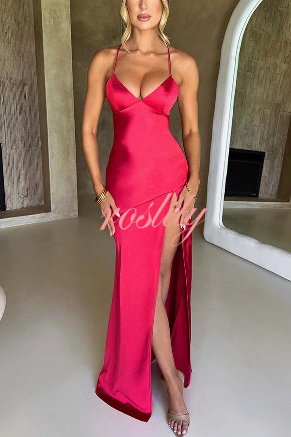 Satin Solid Color Sexy Backless Lace Up High Slit Maxi Dress