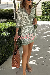 Blend Into Leaves Linen Blend Unique Print Long Sleeve Blouse and Wrap Tie-up Mini Skirt Set