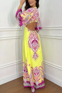 Stand Out and Shine Palace Style Print Bell Sleeve Backless Vacation Maxi Dress