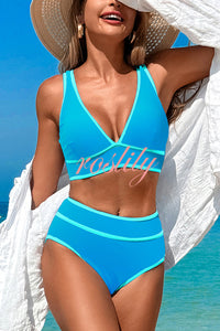 Solid Color Contrast High Waist Stretch Bikini Swimsuit