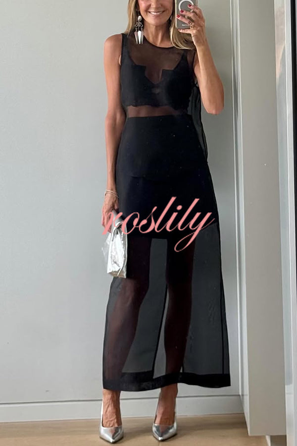 Embraces Modern Sheer Organza Pocket Oversized Tank and High Rise Slit Midi Skirt Set
