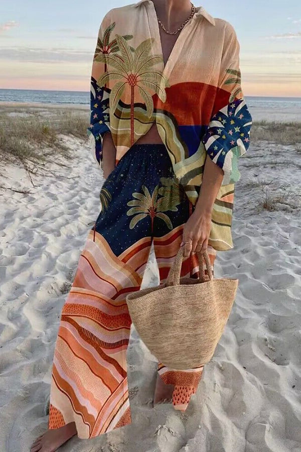 Sunset Atmosphere Palm Print Oversized Blouse and Elastic Waist Pocketed Pants Set