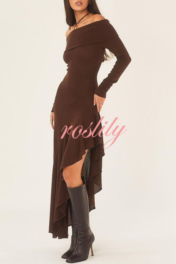 Temperament Off Shoulder Long Sleeve Irregular Hem Stretch Maxi Dress