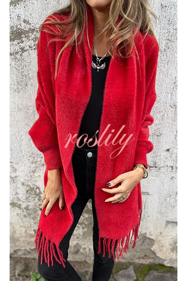 Warm Corner Knit Plush Tassel Trim Relaxed Shawl Cardigan