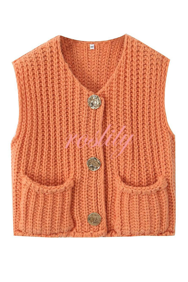 Solid Color Sleeveless Pocket Knitted Vest