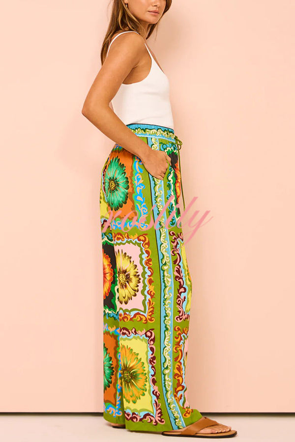 Disco Daisy Unique Printed Colorblock Elastic Waist Pocket Pants Set