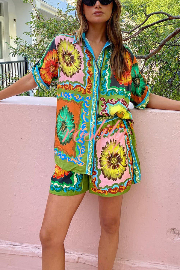 Disco Daisy Unique Printed Colorblock Button Oversized Shorts Set