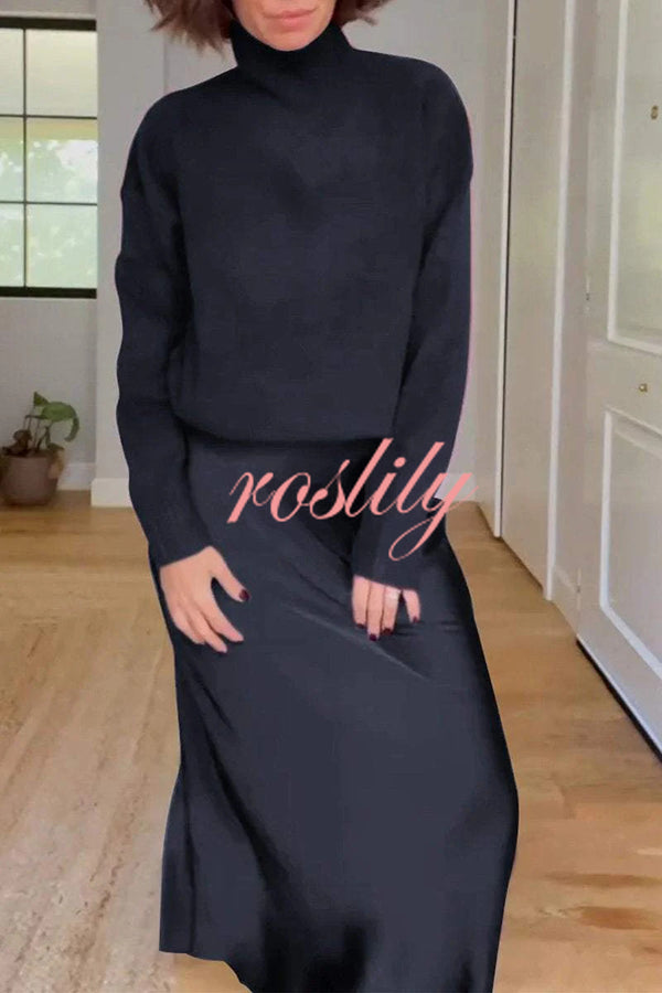 Jaelyn Solid Color Turtleneck Long Sleeve Sweater and Satin Elastic Waist Maxi Skirt Set