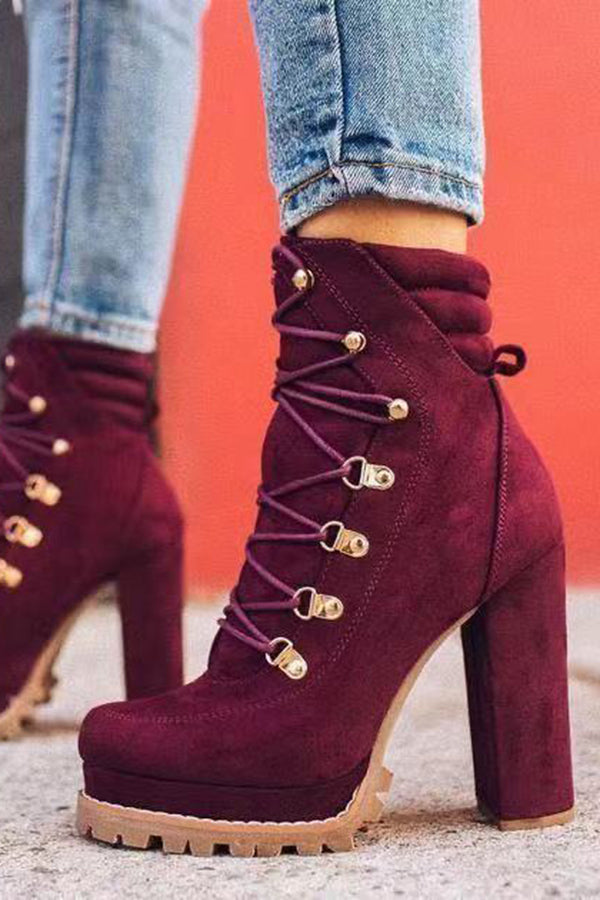 Suede High Heel Lace Up Studded Martin Boots