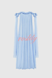 Fairy Spirit Tulle Braided Neckline Tie Arm Straps Pleated Maxi Dress