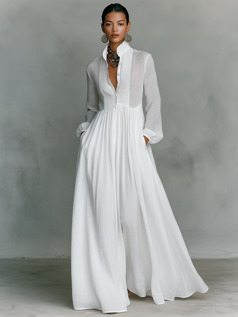 Minimalist Cotton And Linen Patchwork Single-breasted Stand-up Collar Long-sleeved Maxi Dress