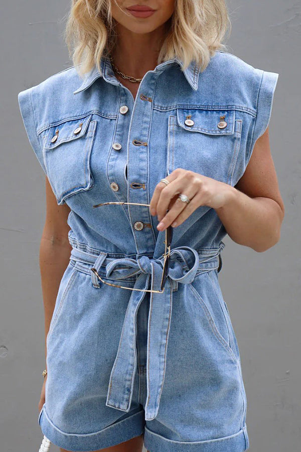 District Utility Denim Button Up Pocket Belted Romper