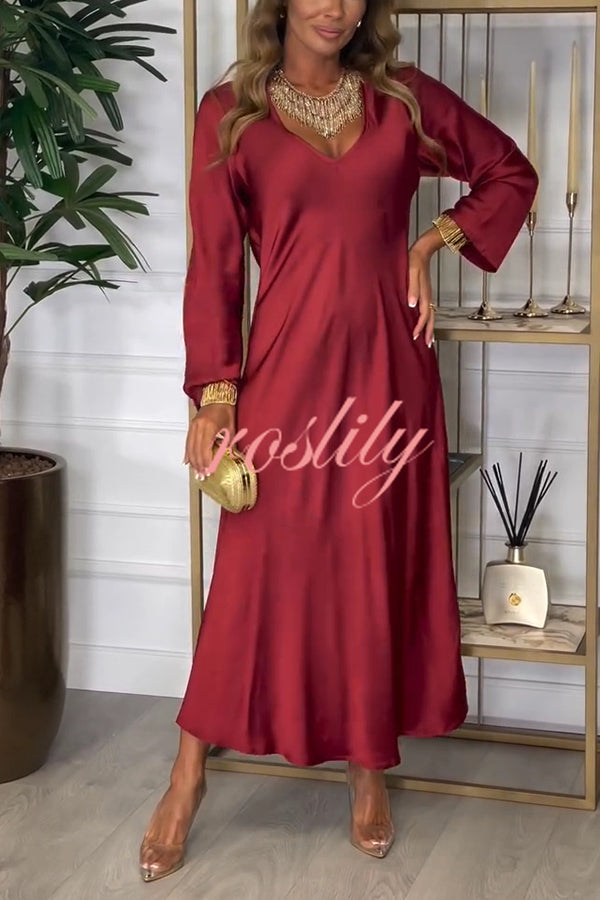 Solid Color V-neck Long-sleeved Loose Draped Maxi Dress