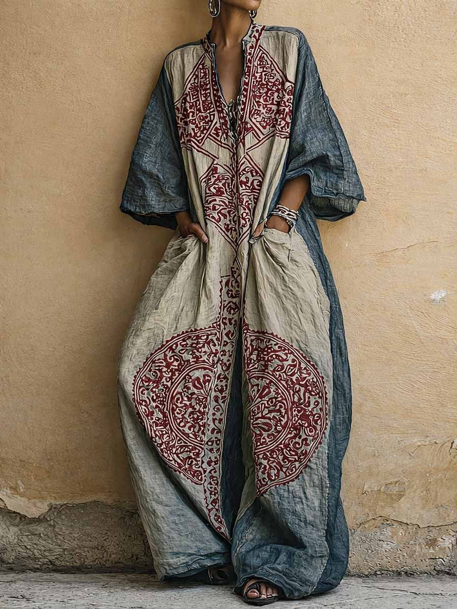 Bohemian Vintage Print Cotton Linen Jumpsuit