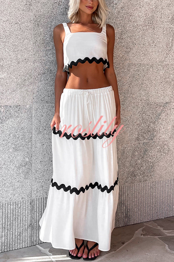 Napa Ric Rac Trims Sleeveless Crop Tank and Drawstring Elastic Waist Pocket Maxi Skirt