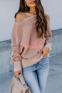 Knitted Striped Round Neck Dolman Sleeve Casual Loose Sweater