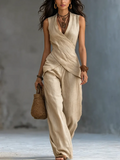 Linen Wrap Sleeveless Top & Wide-Leg Pants Two-Piece Set