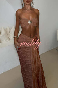 Fashion Metal Shell Embellished Sexy Bandeau and Elastic Tie Maxi Skirt Set