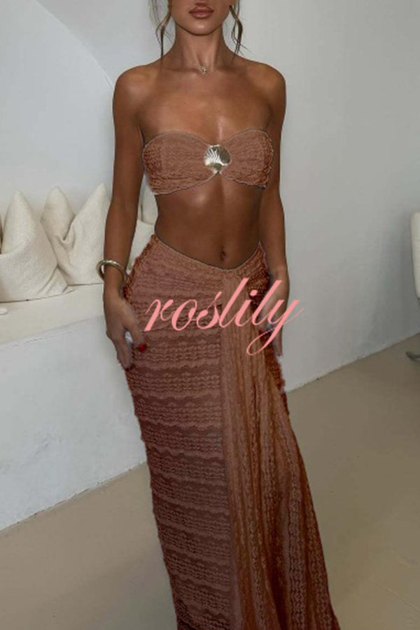 Fashion Metal Shell Embellished Sexy Bandeau and Elastic Tie Maxi Skirt Set